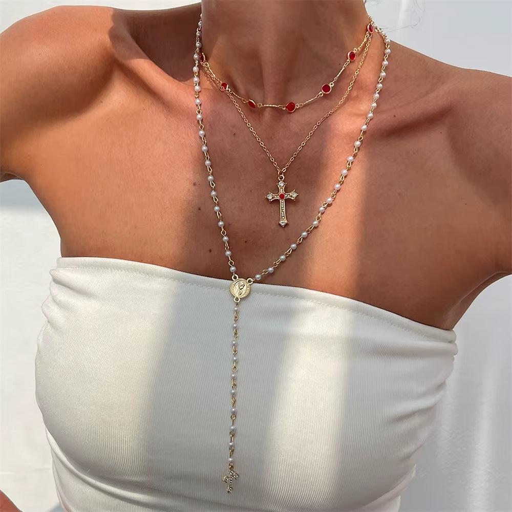 3Pcs Unique Cross Pendant Necklace Set for Women Simple Crystal Necklace Sweater Chain Long Y-Shaped Necklace Y2K Party Jewelry