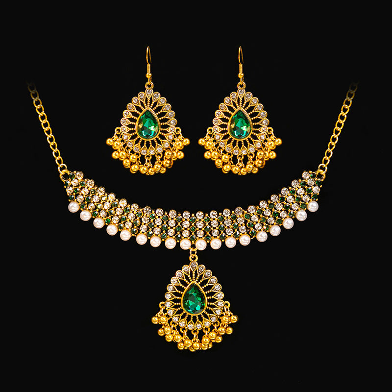 Retro Court French Pearl Water Drop Metal Necklace And Earrings Suite