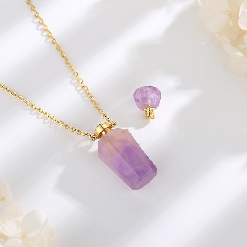 EUDORA Crystal Perfume Bottle Pendant Necklace for Essential Oils and Fragrance, Unique Natural Crystal for Aromatherapy, Amethyst Healing Jewelry